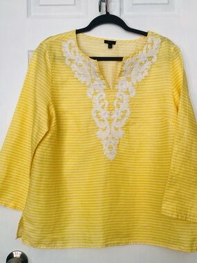 Talbots Yellow 100% Linen Tunic Top Large White Embroidered Resort Boho Blouse